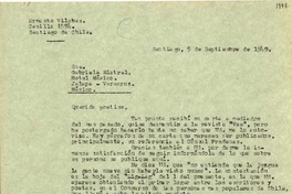 [Carta] 1949 sept. 5, Santiago, Chile [a] Gabriela Mistral, Hotel México, Jalapa, Veracruz, México