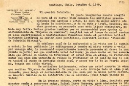 [Carta] 1949 oct. 6, Santiago, Chile [a] Gabriela [Mistral]