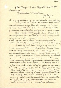 [Carta] 1950 ago. 2, Santiago, [Chile] [a] Gabriela Mistral, Jalapa, [México]