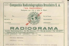 [Telegrama] 1945 nov. 19, [Brasil] [al] Cónsul de Chile, Montreal