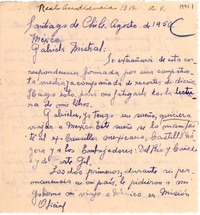 [Carta] 1950 ago., Santiago, Chile [a] Gabriela Mistral, México