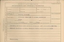 [Telegrama] 1945 nov. 27, [Brasil] [a] Mauricio Weinstein y Adolfo Crenovich, Santiago, Chile