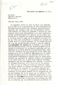 [Carta] 1950 feb. 3, New York, [EE.UU.] [a] Gabriela Mistral, México D.F., [México]