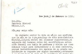 [Carta] 1950 feb. 3, New York, [EE.UU.] [a] Gabriela Mistral, México D.F., [México]