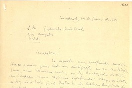 [Carta] 1950 jun. 14, Madrid [a] Gabriela Mistral, Los Angeles, U.S.A