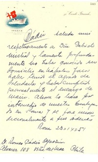 [Carta] 1951 sept. 23, Roma [a] Gabriela Mistral