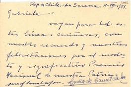 [Tarjeta] 1951 ago. 11, La Serena, Chile [a] Gabriela [Mistral]