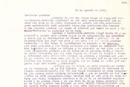 [Carta] 1951 ago. 31, Santiago, Chile [a] Gabriela Mistral