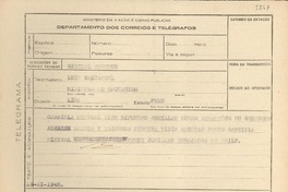 [Telegrama] 1945 nov. 19, [Brasil] [a] Luis Valcarcel, Lima, Perú