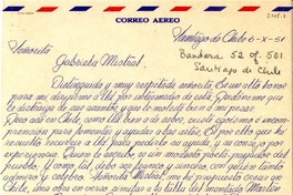 [Carta] 1951 oct. 6, Santiago, Chile [a] Gabriela Mistral