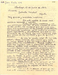 [Carta] 1952 jun. 12, Santiago, [Chile] [a] Gabriela Mistral, Nápoles, [Italia]