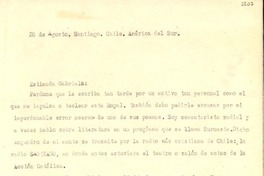 [Carta] 1952 ago. 28, Santiago, Chile [a] Gabriela [Mistral]