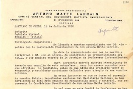 [Carta] 1952 jul. 16, Santiago, Chile [a] Gabriela Mistral, Nápoles, Italia