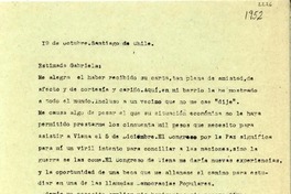 [Carta] 1952 oct. 19, Santiago, Chile [a] Gabriela Mistral