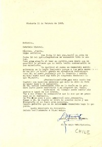 [Carta] 1953 feb. 11, Victoria, [Chile] [a] Gabriela Mistral, Nápoles, Italia