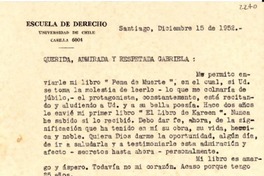 [Tarjeta] 1952 dic. 15, Santiago [a] Gabriela Mistral