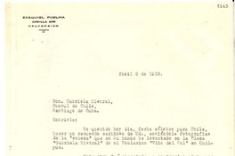 [Carta] 1953 abr. 6, Valparaíso, [Chile] [a] Gabriela Mistral, Santiago de Cuba, Cuba