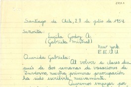 [Carta] 1954 jul. 28, Santiago, [Chile] [a] Lucila Godoy A., New York, EE.UU.
