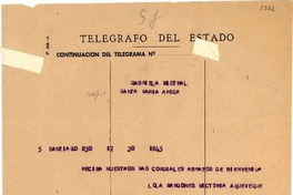 [Telegrama] 1954 ago. 3, Santiago, [Chile] [a] Gabriela Mistral, Santa María, Arica, [Chile]