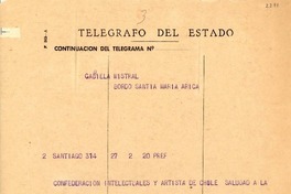 [Telegrama] 1954 sept. 3, Santiago, [Chile] [a] Gabriela Mistral, SS Santa María, Arica, [Chile]