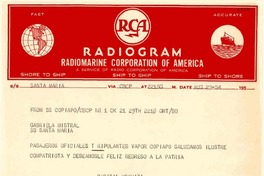 [Telegrama] 1954 ago. 28, Vapor Copiapó [a] Gabriela Mistral, Vapor Santa María