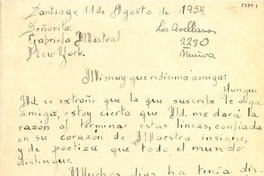 [Carta] 1954 ago. 11, Santiago de Chile [a] Gabriela Mistral, New York