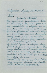 [Carta] 1954 ago. 17, Valparaíso, Chile [a] Gabriela Mistral
