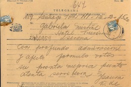 [Telegrama] 1954 sept. 2, Santiago [a] Gabriela Mistral, La Serena