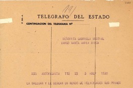 [Telegrama] 1954 sept. 5, Antofagasta, [Chile] [a] Gabriela Mistral, Barco Santa María, Arica, [Chile]