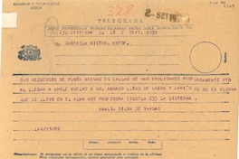 [Telegrama] 1954 sept. 2, Santiago [a] Gabriela Mistral, Antofagasta