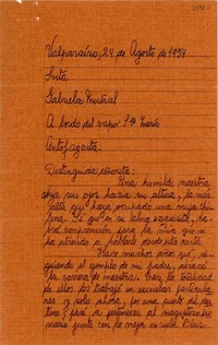 [Carta] 1954 ago. 24, Valparaíso, [Chile] [a] Gabriela Mistral, a bordo del vapor Sta. María