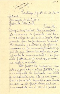 [Carta] 1954 ago. 25, Santiago, [Chile] [a] Comisión de Festejos a Gabriela Mistral