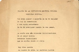 Saludo ha [sic] la distinguida poetisa chilena Gabriela Mistral: [poesía]