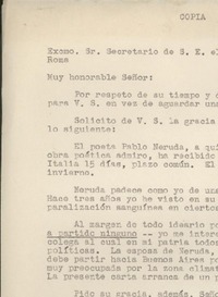 [Carta] 1952 ene. 14, Roma, [Italia] [al] Secretario de S. E. el conde Sforza, Roma