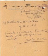 [Telegrama] 1954 sept. 8, Llolleo, [Chile] [a] Gabriela Mistral, Santiago, [Chile]