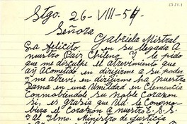 [Carta] 1954 ago. 26, Santiago, [Chile] [a] Gabriela Mistral
