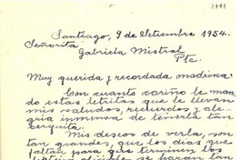 [Carta] 1954 sept. 9, Santiago, Chile [a] Gabriela Mistral