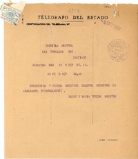 [Telegrama] 1954 sept. 9, Rancagua, [Chile] [a] Gabriela Mistral, Las Torcazas, Santiago, [Chile]