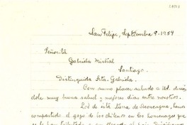 [Carta] 1954 sept. 9, San Felipe [a] Gabriela Mistral, Santiago