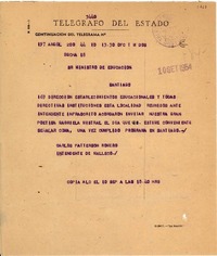 [Telegrama] 1954 sept. 10, Angol, [Chile] [al] Sr. Ministro de Educación, Santiago, [Chile]