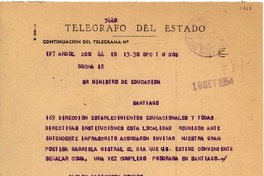 [Telegrama] 1954 sept. 10, Angol, [Chile] [al] Sr. Ministro de Educación, Santiago, [Chile]