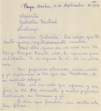 [Carta] 1954 sept. 11, Playa Ancha [a] Gabriela Mistral, Santiago