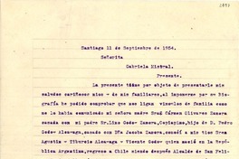 [Carta] 1954 sept. 11, Santiago [a] Gabriela Mistral