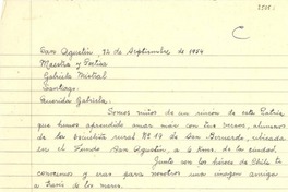 [Carta] 1954 sept. 12, San Bernardo [a] Gabriela Mistral, Santiago