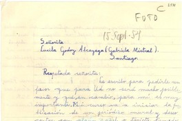 [Carta] 1954 sept. 15, Concepción [a] Gabriela Mistral, Santiago