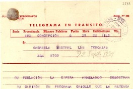 [Telegrama] 1954 sept. 22, Concepción, Chile [a] Gabriela Mistral, Santiago