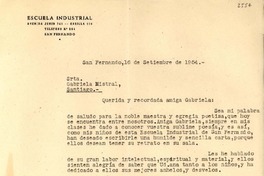 [Carta] 1954 sept. 16, San Fernando, [Chile] [a] Gabriela Mistral, Santiago, [Chile]