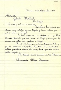 [Carta] 1954 sept. 15, Huequén [a] Gabriela Mistral, Santiago