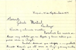 [Carta] 1954 sept. 15, Huequén [a] Gabriela Mistral, Santiago