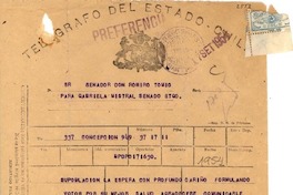 [Telegrama] 1954 sept. 17, Concepción, [Chile] [a] Romiro [i.e. Radomiro] Tomic, Santiago, [Chile]
